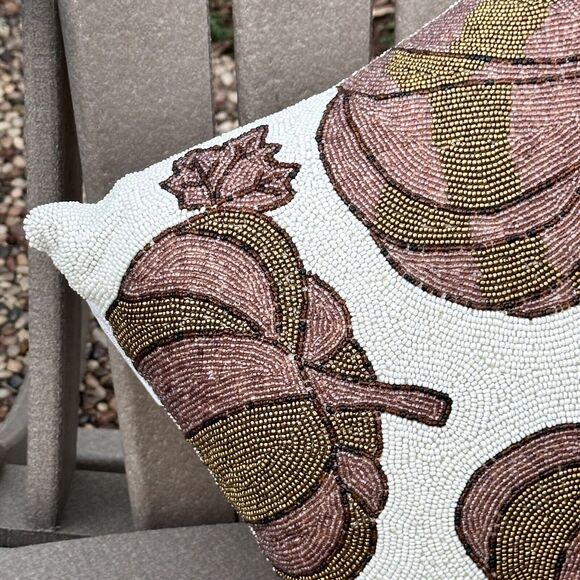 Pumpkin Patch Beaded Gold Pumpkin Throw Pillow Fall Thanksgiving Decor 12" x 12" - Picture 3 of 9